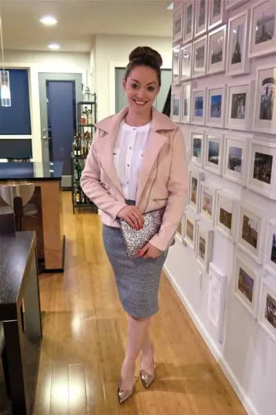 Rose Gold Leather Jacket with Heather Grey Pencil Skirt