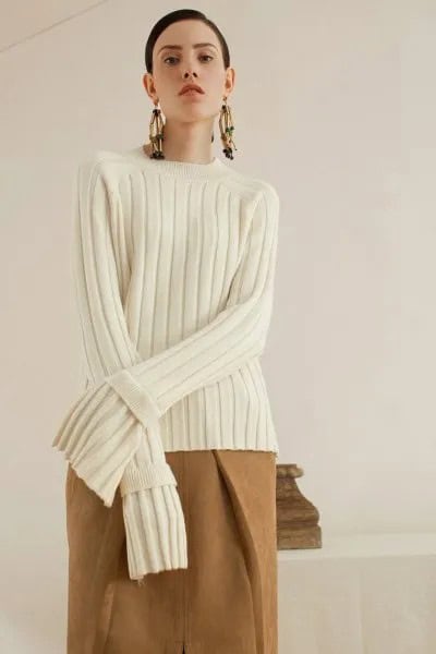 White Ribbed Sweater with Camel Wool Skirt