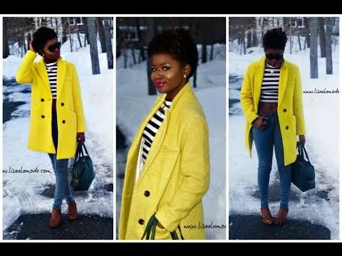 Bright Yellow Double Breasted Coat with Black and White Striped Tee