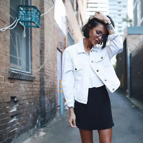 White Denim Jacket + Black Mini Skirt