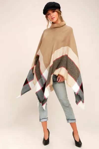 Crepe Poncho with Cropped Jeans and Flat Cap