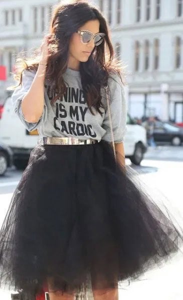 Grey Printed Sweatshirt with Black Tulle Skirt