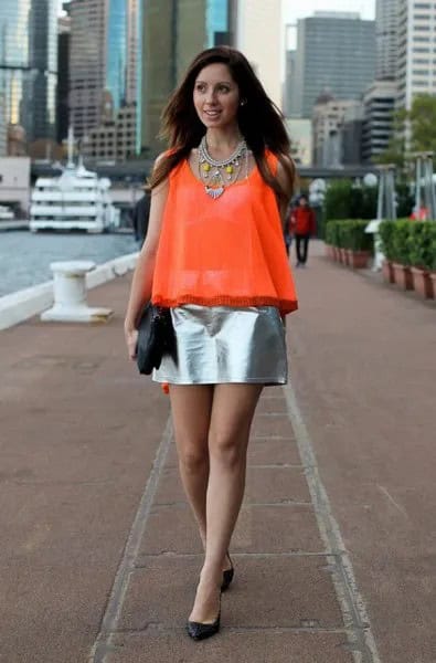 Orange Semi-Sheer Chiffon Sleeveless Top with Silver Metallic Skirt