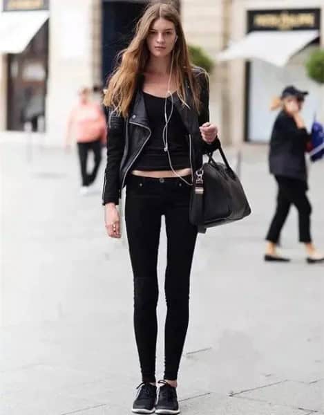 Black Leather Jacket with Scoop Neck Crop Top & Skinny Jeans