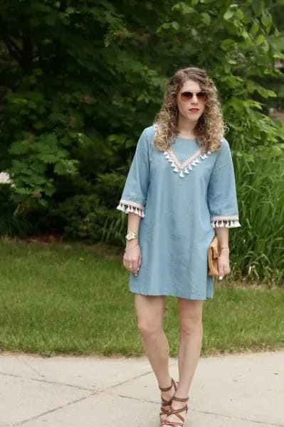 Tiffany Blue and White Shift Tassel Dress