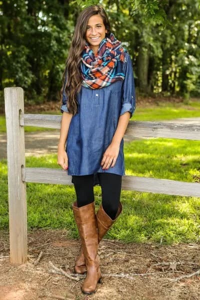 Blue Coated Chambray Shirt with Over The Knee Brown Leather Boots