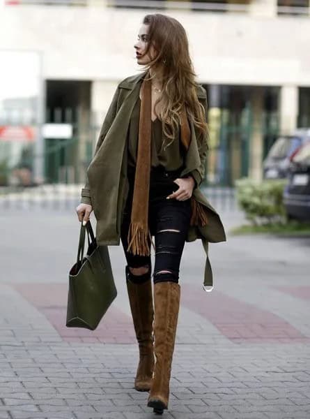 Camel Trench Coat with Knee High Suede Boots