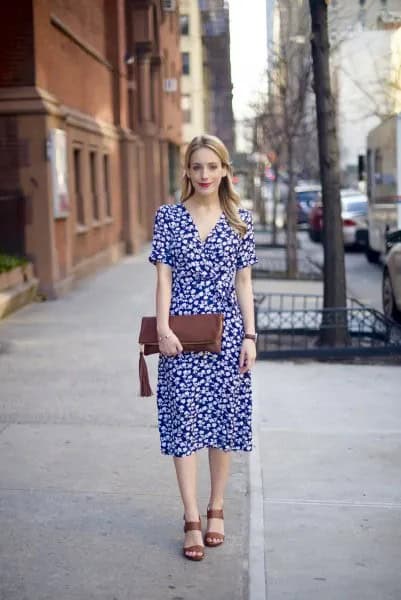 Navy Blue and White Floral Print V Neck Midi Dress