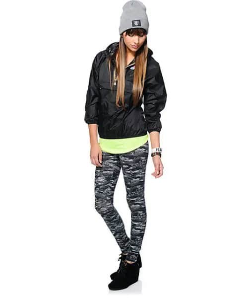 Black Windbreaker with Pale Yellow Tee & Camo Skinny Pants