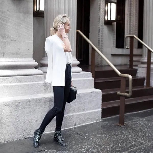 White Blazer with Blouse & Black Skinny Jeans