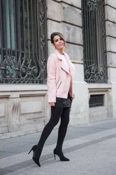 Pink Moto Jacket with Black Quilted Leather Skirt