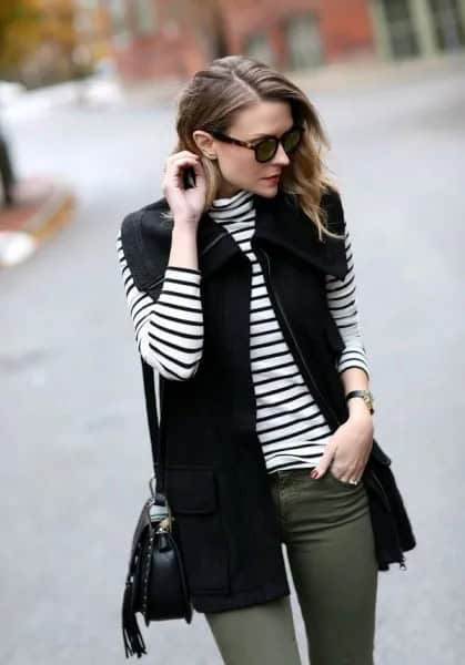 Black Vest with Striped Long Sleeve T Shirt & Grey Skinny Jeans