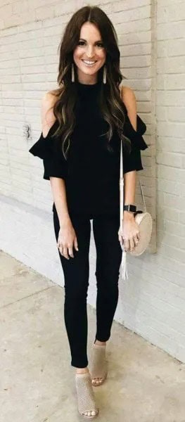 Cold Shoulder Black Blouse with Skinny Pants & Grey Open Toe Short Boots