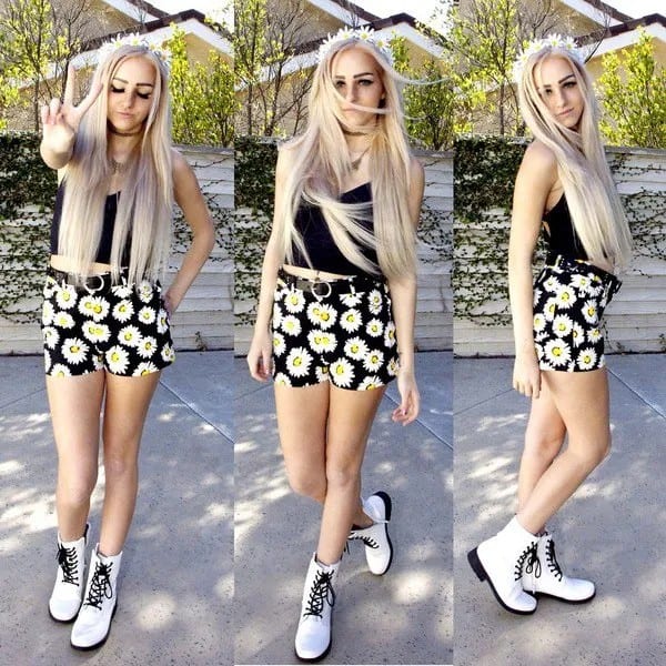 Black Crop Top & Shorts with White Combat Boots