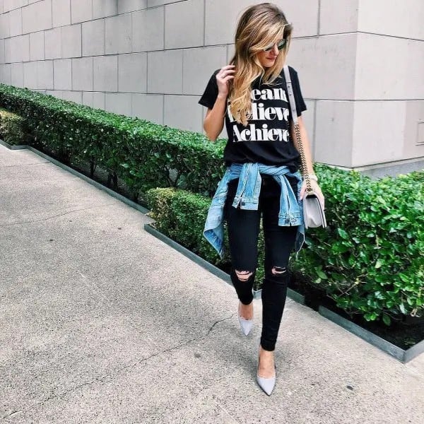 Black Print Tee with Ripped Jeans & Denim Jacket Tied around Waist