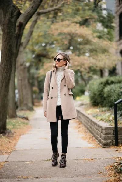 Cream Cable Knit Sweater & Beige Wool Coat