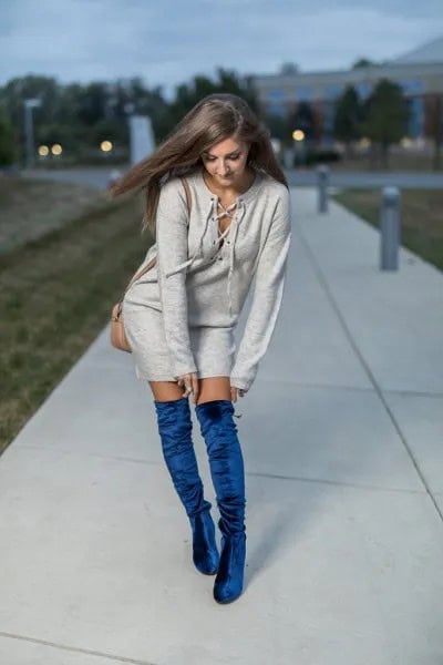 Grey Lace Up Sweater Dress with Blue Velvet Over The Knee Boots