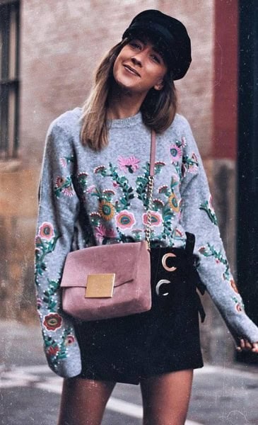 Grey Floral Embroidered Sweatshirt with Mini Skirt & Flat Cap