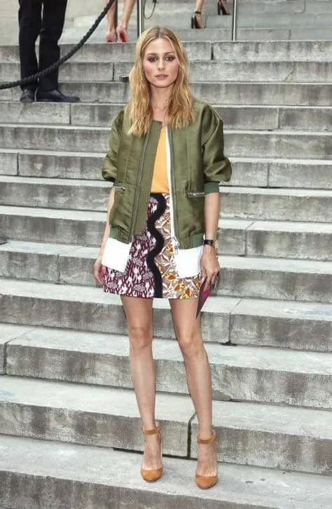 Printed Mini Skirt and Olive Green Jacket