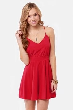 Red Spaghetti Strap V Neck Mini Skater Sundress