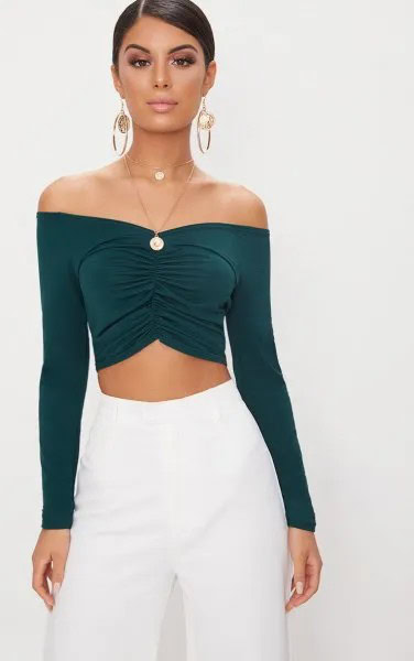 Dark Green Off The Shoulder Ruched Crop Top with White Wide Leg Pants