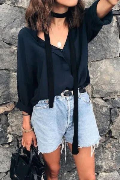 Black V Neck Chiffon Blouse with Thin Summer Scarf