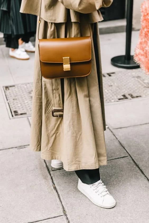 Trench and Brown Leather Shoulder Bag