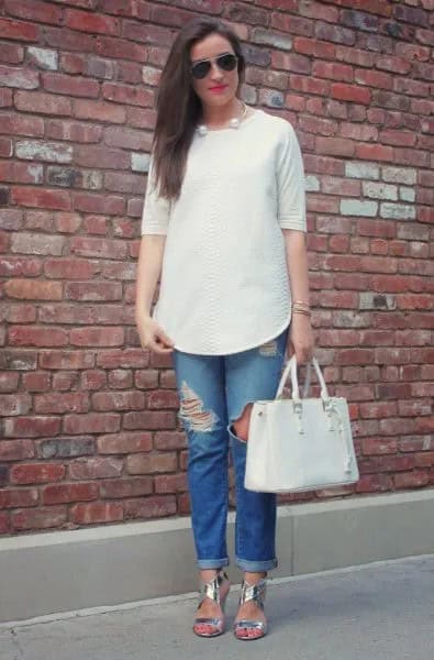 White Half Sleeve Buttonless Blouse with Ripped Cuffed Blue Jeans