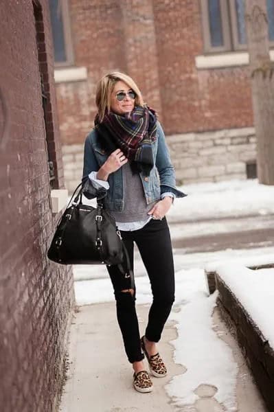 Blue Denim Jacket with Plaid Scarf & Leopard Print Canvas Slip On Shoes