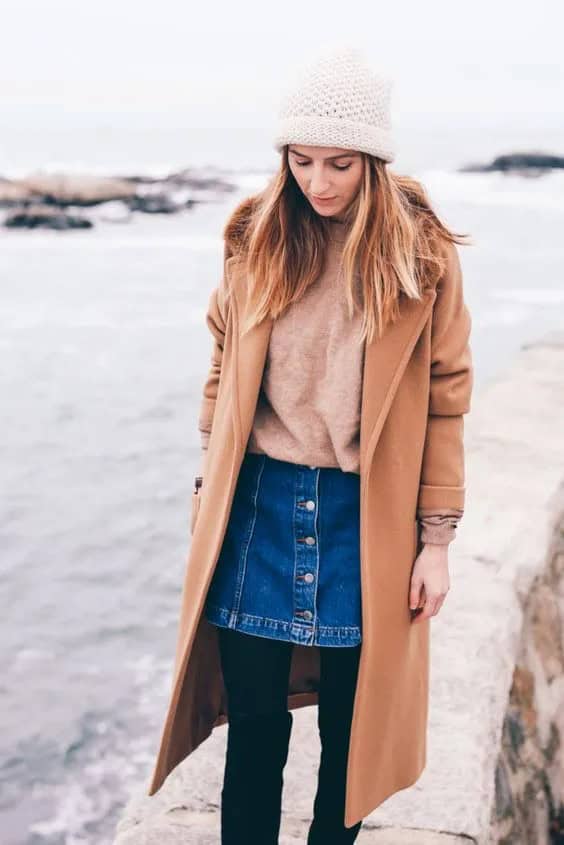 Long or Short Camel Coat + Denim Skirt