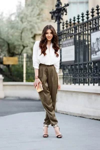 White Button Up Shirt with Green Elastic Waist Khaki Dress Pants