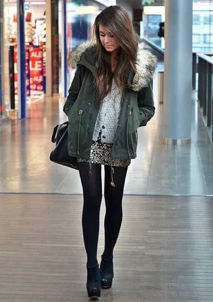 Grey Fur Hooded Parka Jacket with Silver Sequin Mini Skirt