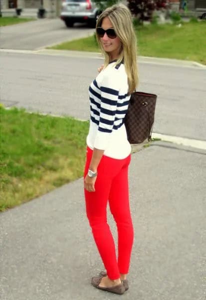 Black and White Striped Sweater with Red Skinny Jeans