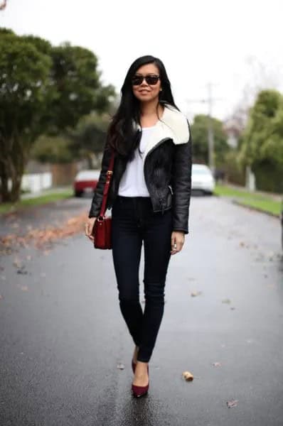 Black Aviator Jacket with White Faux Fur Collar & Skinny Jeans