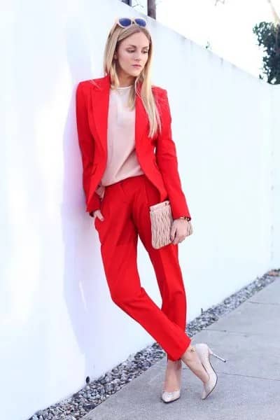 Red Blazer with Pale Pink Chiffon Blouse & Clutch Bag