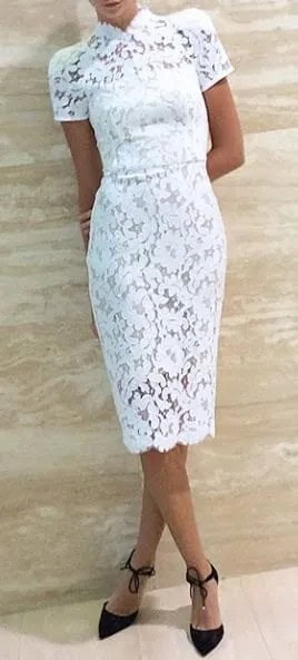 White Mock Neck Short Sleeve Bodycon Lace Midi Dress