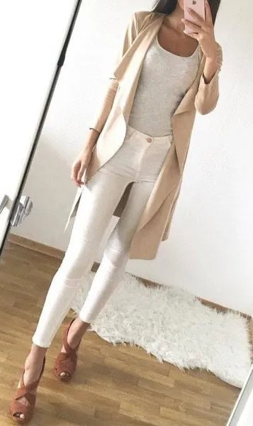 Blush Pink Longline Blazer with Grey Tank Top & White Skinny Pants