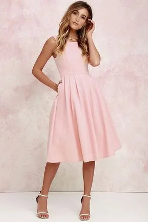 Pale Pink Fit and Flare Midi Pleated Dress with Open Toe Heels