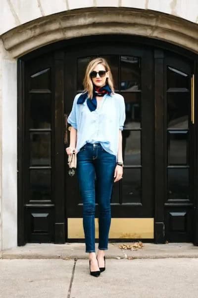 Navy Silk Scarf with Light Blue Boyfriend Shirt & Skinny Jeans