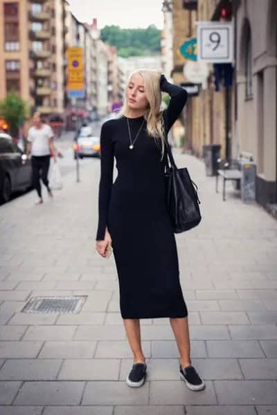 Black Midi Bodycon Dress with Canvas Sneakers & Leather Purse