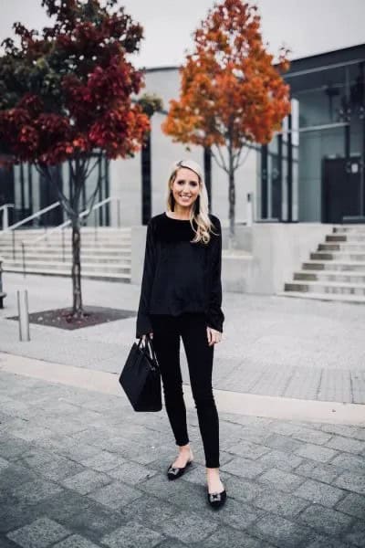 Black Sweater with Skinny Jeans & Ribbon Flats