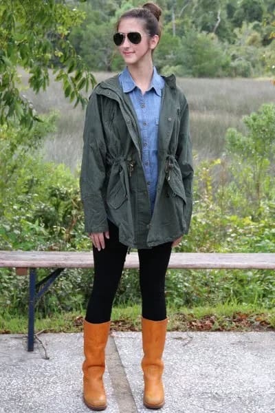 Olive Boyfriend Jacket with Light Blue Chambray Button Up Shirt & Leather Boots