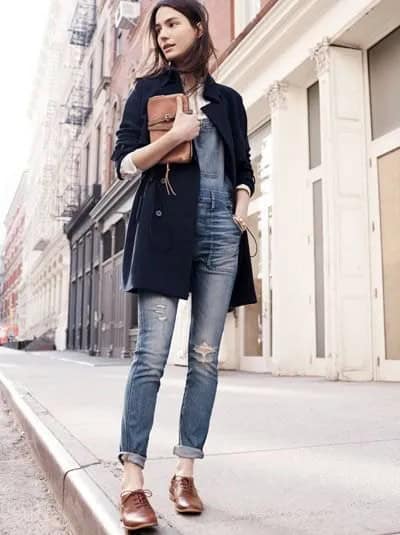 Black Longline Blazer with Greyish Blue Cuffed Skinny Jeans & Brown Oxford Shoes