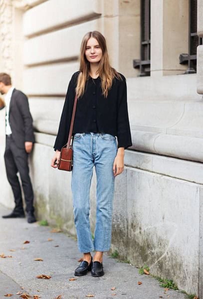 Black Sweater with Blue Jeans & Leather Loafers