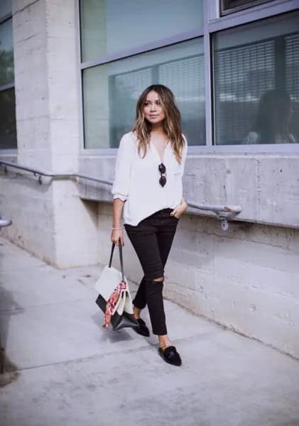 White Chiffon Relaxed Fit Blouse with Ripped Jeans & Leather Backless Loafers