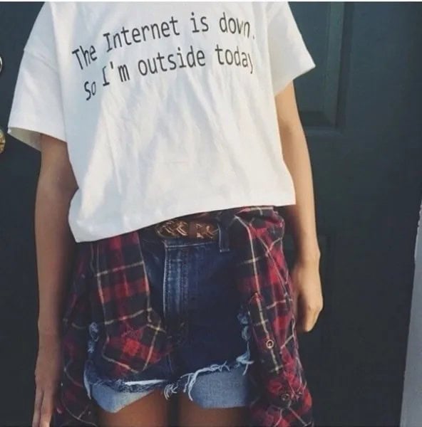 White Print Tee with Blue Denim Shorts & Red and Black Plaid Boyfriend Shirt