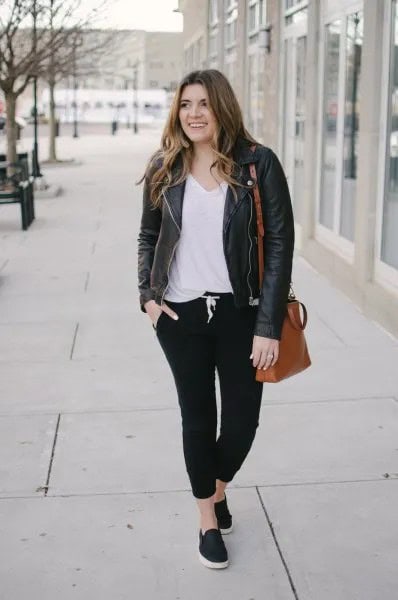 Leather Jacket with White V Neck Tee & Black Jogger Jeans