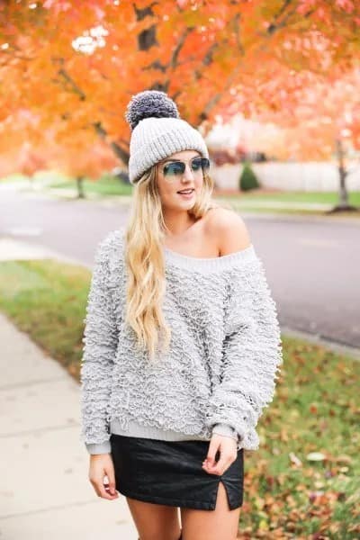 Wear with Grey One Shoulder Chunky Teddy Sweater