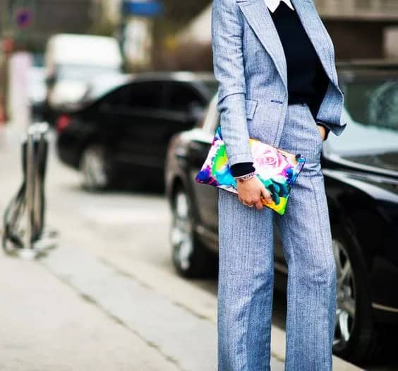 Pantsuit with Floral Clutch Bag