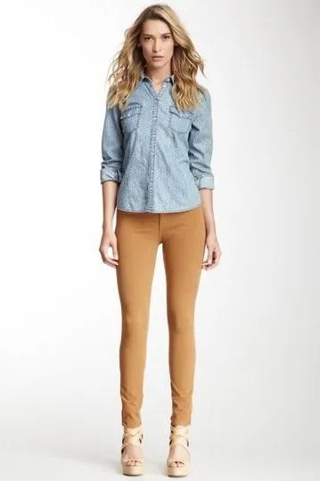 Light Blue Chambray Shirt with Orange Skinny Twill Pants